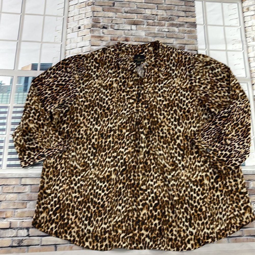 NWT Women’s Worthington Black & Brown Animal Print V Neck Blouse (PXXL) GE19